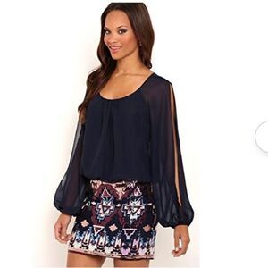 As U Wish Womens Blue Cold Shoulder Sleeves Scoop Neck Sequined Mini Dress Small